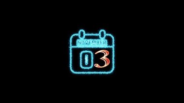 03 Kasım metni. Arkaplanda parlayan neon takvim simgesi. Parlak doğrusal çerçeveli dijital neon takvim sembolü. Takvim tarihi simgesi neon biçimi.. Zaman illüstrasyon ikonu elemanları. İşaretler, semboller ağ, logo, mobil uygulama, UI, UX için kullanılabilir