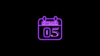 05 Kasım metni. Arkaplanda parlayan neon takvim simgesi. Parlak doğrusal çerçeveli dijital neon takvim sembolü. Takvim tarihi simgesi neon biçimi.. Zaman illüstrasyon ikonu elemanları. İşaretler, semboller ağ, logo, mobil uygulama, UI, UX için kullanılabilir