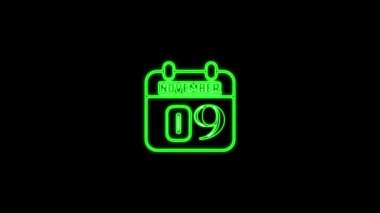 09 Kasım mesajı. Arkaplanda parlayan neon takvim simgesi. Parlak doğrusal çerçeveli dijital neon takvim sembolü. Takvim tarihi simgesi neon biçimi.. Zaman illüstrasyon ikonu elemanları. İşaretler, semboller ağ, logo, mobil uygulama, UI, UX için kullanılabilir
