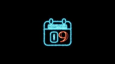 09 Kasım mesajı. Arkaplanda parlayan neon takvim simgesi. Parlak doğrusal çerçeveli dijital neon takvim sembolü. Takvim tarihi simgesi neon biçimi.. Zaman illüstrasyon ikonu elemanları. İşaretler, semboller ağ, logo, mobil uygulama, UI, UX için kullanılabilir