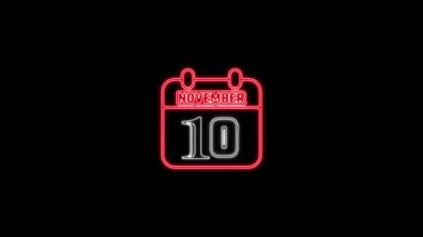 10 Kasım mesajı. Arkaplanda parlayan neon takvim simgesi. Parlak doğrusal çerçeveli dijital neon takvim sembolü. Takvim tarihi simgesi neon biçimi.. Zaman illüstrasyon ikonu elemanları. İşaretler, semboller ağ, logo, mobil uygulama, UI, UX için kullanılabilir