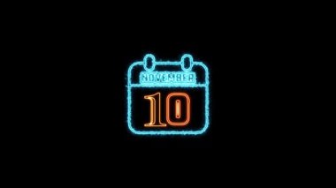 10 Kasım mesajı. Arkaplanda parlayan neon takvim simgesi. Parlak doğrusal çerçeveli dijital neon takvim sembolü. Takvim tarihi simgesi neon biçimi.. Zaman illüstrasyon ikonu elemanları. İşaretler, semboller ağ, logo, mobil uygulama, UI, UX için kullanılabilir