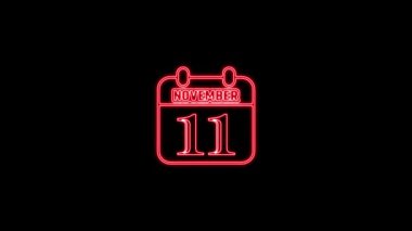 11 Kasım mesajı. Arkaplanda parlayan neon takvim simgesi. Parlak doğrusal çerçeveli dijital neon takvim sembolü. Takvim tarihi simgesi neon biçimi.. Zaman illüstrasyon ikonu elemanları. İşaretler, semboller ağ, logo, mobil uygulama, UI, UX için kullanılabilir