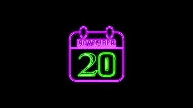 20 Kasım mesajı. Arkaplanda parlayan neon takvim simgesi. Parlak doğrusal çerçeveli dijital neon takvim sembolü. Takvim tarihi simgesi neon biçimi.. Zaman illüstrasyon ikonu elemanları. İşaretler, semboller ağ, logo, mobil uygulama, UI, UX için kullanılabilir
