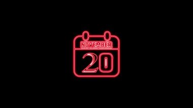 20 Kasım mesajı. Arkaplanda parlayan neon takvim simgesi. Parlak doğrusal çerçeveli dijital neon takvim sembolü. Takvim tarihi simgesi neon biçimi.. Zaman illüstrasyon ikonu elemanları. İşaretler, semboller ağ, logo, mobil uygulama, UI, UX için kullanılabilir