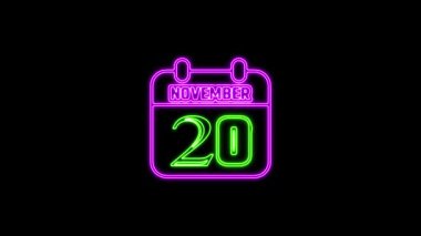 20 Kasım mesajı. Arkaplanda parlayan neon takvim simgesi. Parlak doğrusal çerçeveli dijital neon takvim sembolü. Takvim tarihi simgesi neon biçimi.. Zaman illüstrasyon ikonu elemanları. İşaretler, semboller ağ, logo, mobil uygulama, UI, UX için kullanılabilir
