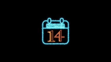 14 Kasım mesajı. Arkaplanda parlayan neon takvim simgesi. Parlak doğrusal çerçeveli dijital neon takvim sembolü. Takvim tarihi simgesi neon biçimi.. Zaman illüstrasyon ikonu elemanları. İşaretler, semboller ağ, logo, mobil uygulama, UI, UX için kullanılabilir