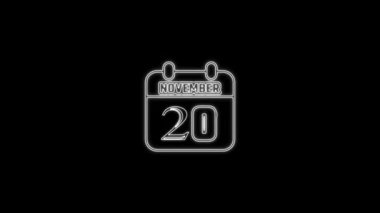 20 Kasım mesajı. Arkaplanda parlayan neon takvim simgesi. Parlak doğrusal çerçeveli dijital neon takvim sembolü. Takvim tarihi simgesi neon biçimi.. Zaman illüstrasyon ikonu elemanları. İşaretler, semboller ağ, logo, mobil uygulama, UI, UX için kullanılabilir