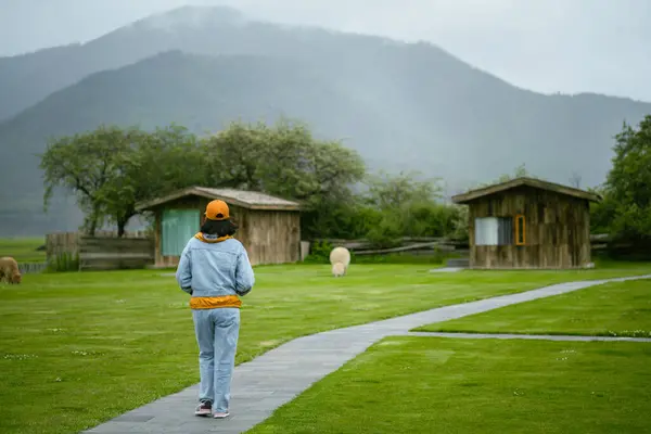 Manzaralı insanlar, kot ceketli ve pantolonlu genç bir kız seyahat ediyor ve güzel doğada dinleniyor. Özgür hissetmek ve her şeyden uzaklaşmak..