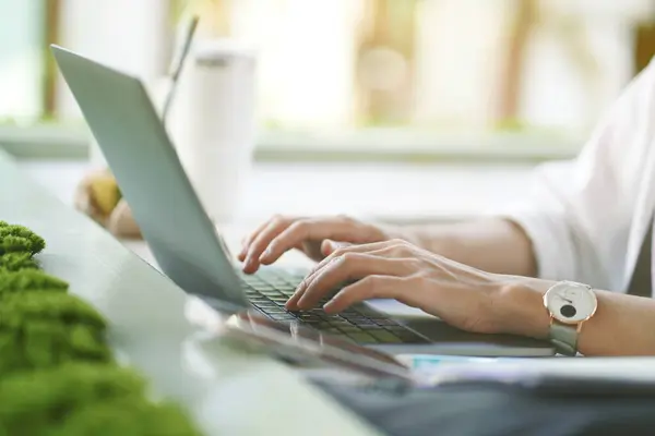 Dizüstü bilgisayarda çalışan kişi, klavyede yazan kadın elleri.