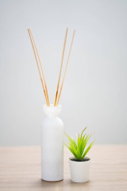 Fotokopi alanı ve çalışma alanı kavramında Reed dağıtıcı ve küçük bitki ahşap masa üzerinde.
