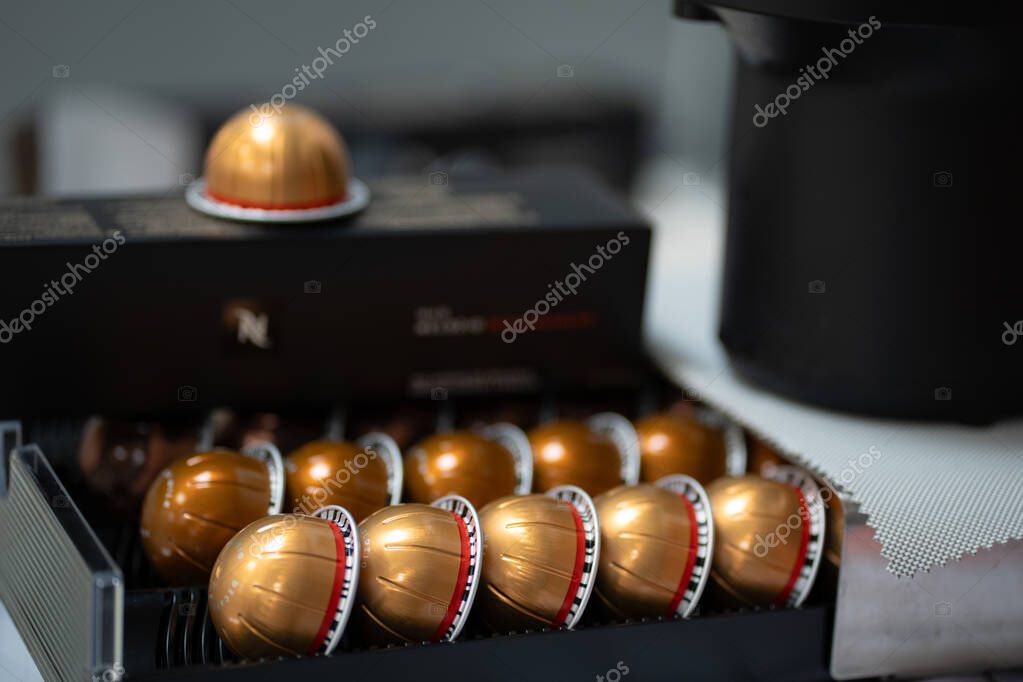PATHUM THANI, THAILAND - APRIL 17, 2025: Nespresso Boxes and Coffee Capsules in Box. Nespresso is Worldwide Company of Coffee Products.