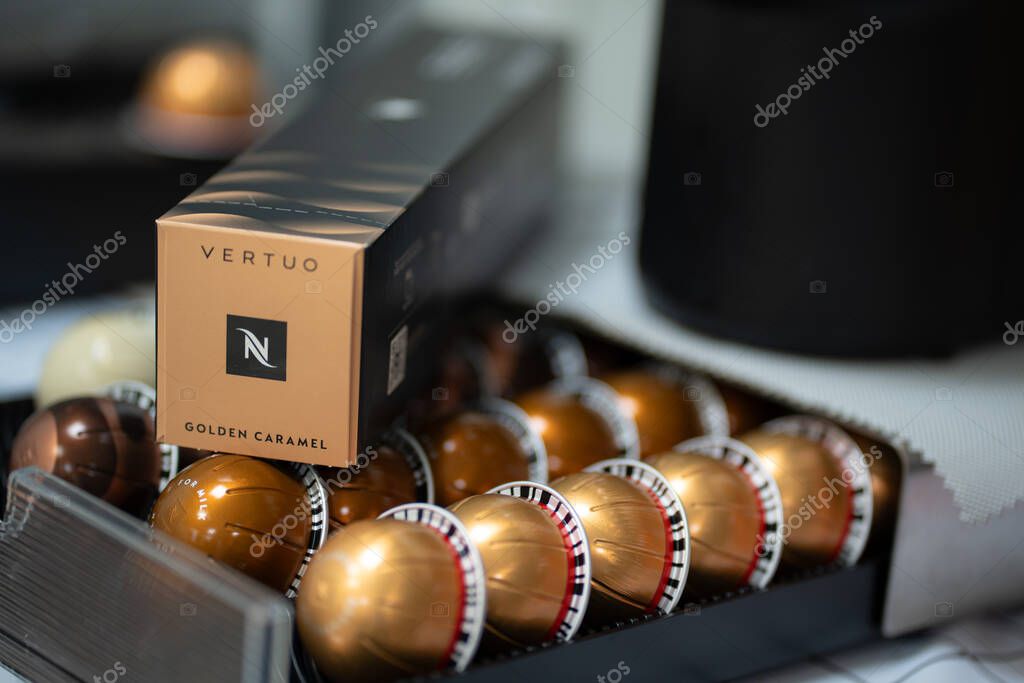 PATHUM THANI, THAILAND - APRIL 17, 2025: Nespresso Boxes and Coffee Capsules in Box. Nespresso is Worldwide Company of Coffee Products.