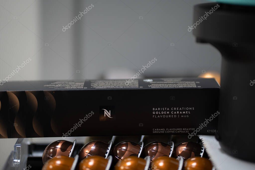 PATHUM THANI, THAILAND - APRIL 17, 2025: Nespresso Boxes and Coffee Capsules in Box. Nespresso is Worldwide Company of Coffee Products.