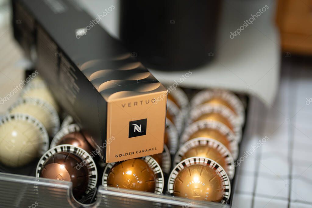 PATHUM THANI, THAILAND - APRIL 17, 2025: Nespresso Boxes and Coffee Capsules in Box. Nespresso is Worldwide Company of Coffee Products.