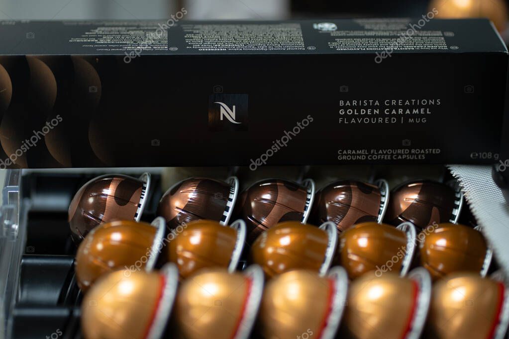 PATHUM THANI, THAILAND - APRIL 17, 2025: Nespresso Boxes and Coffee Capsules in Box. Nespresso is Worldwide Company of Coffee Products.