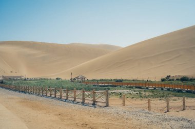 Kum tepelerinin altında ahşap bir geçidi olan yemyeşil bir alan..