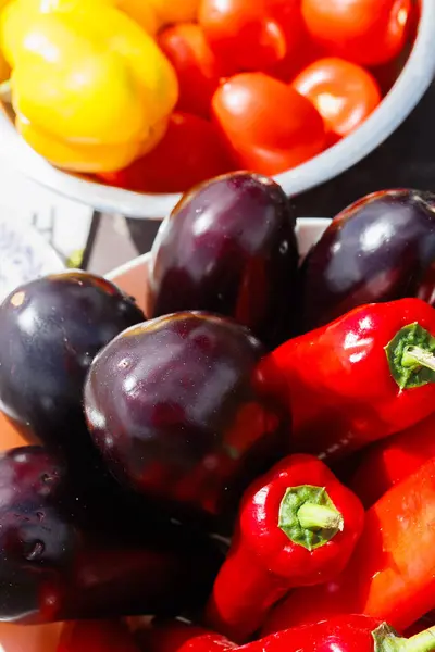 Izgara için sebzeler. Sarı ve kırmızı biber, patlıcan, domates. Yüksek kalite fotoğraf