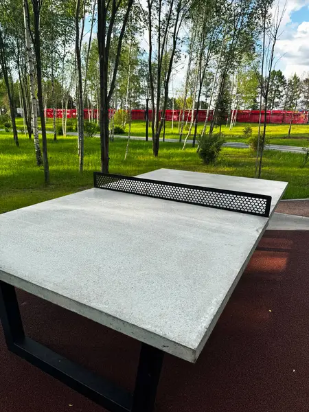 Parkta beton masa tenisi masaları. Vandal geçirmez sahte metal ağları olan boş tenis masaları. Yüksek kalite fotoğraf