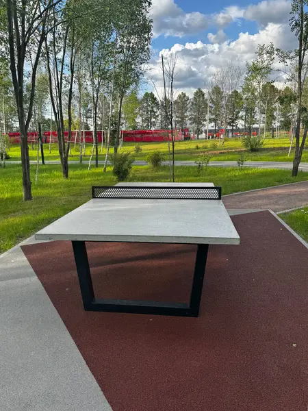 Parkta beton masa tenisi masaları. Vandal geçirmez sahte metal ağları olan boş tenis masaları. Yüksek kalite fotoğraf