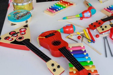  Çocuklar için çeşitli müzik aletleri - markalar, ukulele, xelophone, babalayka beyaz arka planda yatar. Yüksek kalite fotoğraf