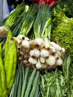 Çiftçi pazarında çeşitli yeşilliklere karşı büyük bir demet yeşil soğan. Yüksek kalite fotoğraf