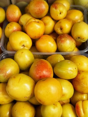 Plastik kaplara doldurulmuş olgun turuncu kayısıların yakın çekimi. Yüksek kalite fotoğraf