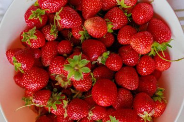 Beyaz arka planda beyaz bir kasede taze tatlı çilekler. Mevsimlik meyveler. Yüksek kalite fotoğraf
