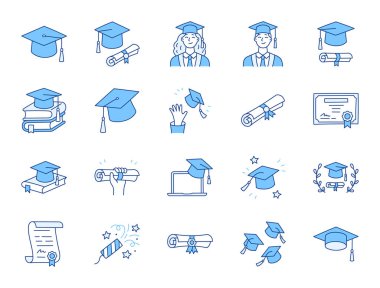 Mezuniyet karalama resimlerinde simgeler var. Şapkalı öğrenci, diploma belgesi, üniversite diploması. Lise eğitimiyle ilgili ince bir sanat eseri. Mavi Renk, Düzenlenebilir Vuruş.