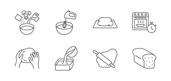 Teigkritzelillustration Mit Symbolen Schüssel Backofen Mischung Zutaten Nudelholz Brot Zeitschaltuhr — Stockvektor