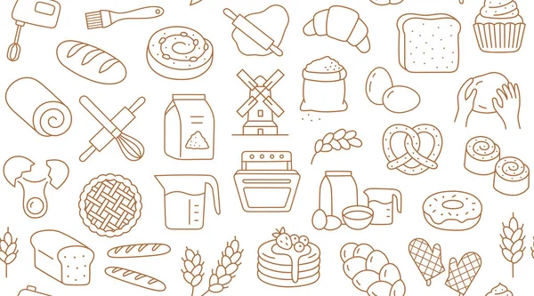 烘焙产品的涂鸦米色无缝图案 矢量背景包括行图标 椒盐卷饼 羊角面包 百吉饼 甜甜圈 面包面包 肉桂卷 面包和糖果的墙纸 — 图库矢量图片