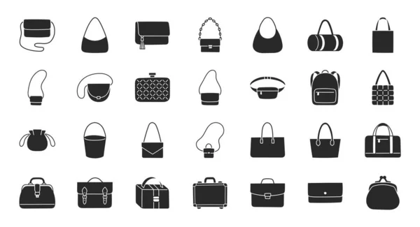 女性のバッグイラストを含むフラットアイコン ハンドバッグ クラッチ ビジネスブリーフケース バックパック 革スーツケース ポストバック 買い物客 服のアクセサリーについてのグリフシルエットアート — ストックベクタ