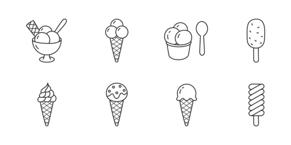 Dondurma Çizimi Ikonlar Eskimo Sundae Waffle Konisi Soğuk Şerbet Kepçesi — Stok Vektör