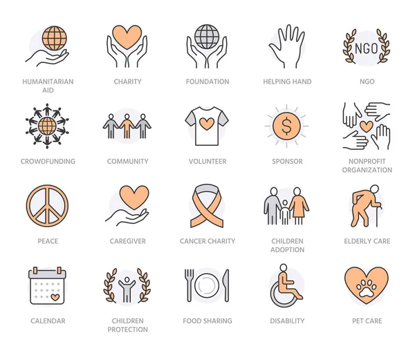 stock vector Charity flat line icons set. Donation, nonprofit organization, NGO, giving help vector illustrations. Outline signs for donating money, volunteer community. Orange color. Editable Stroke.