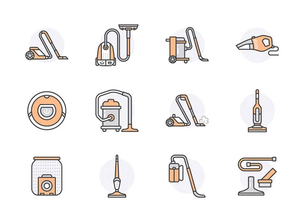 Vacuum Cleaners Flat Line Icons Industrial Household Handheld Robotic Canister — Stock Vector