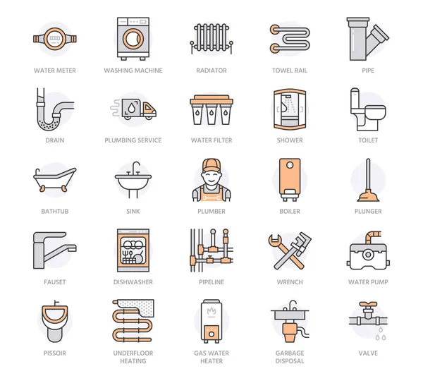 Sanitair Dienst Vector Platte Lijn Pictogrammen Badkamer Apparatuur Kraan Toilet — Stockvector