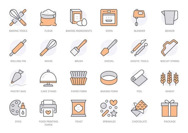 Bäckereizeilen Icon Gesetzt Backwerkzeug Süßwarentasche Teigrolle Kuchendekoration Teigzutat Minimale Vektorillustration — Stockvektor