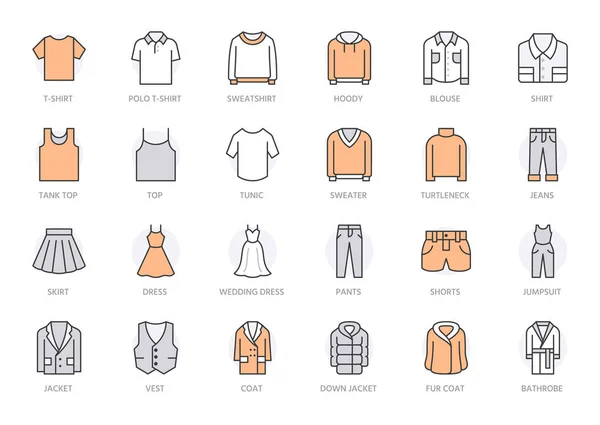 Conjunto Iconos Línea Ropa Vestido Polo Camiseta Jeans Abrigo Invierno — Archivo Imágenes Vectoriales