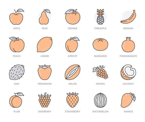 Frutas Conjunto Iconos Línea Plana Bayas Ilustraciones Vectoriales Naranja Fresa — Vector de stock