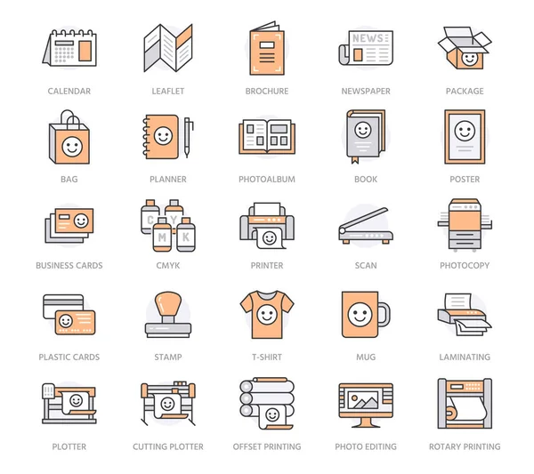 Εικονίδια Επίπεδης Γραμμής Τυπογραφείου Print Shop Equipment Εκτυπωτής Σαρωτής Offset — Διανυσματικό Αρχείο