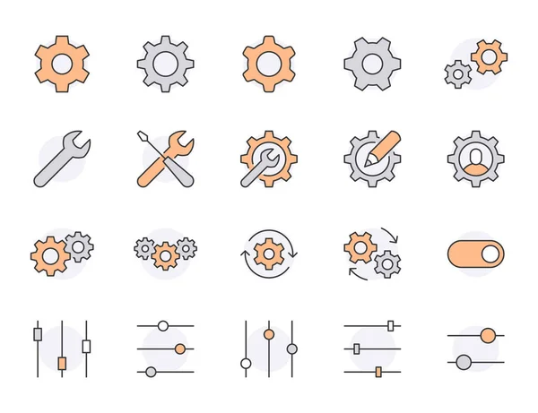 Settings Flat Line Icons Set Cogwheell Mechanical Wrench Spanner Professional — Stock Vector