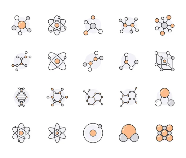 Conjunto Iconos Línea Plana Molecular Ciencia Química Estructura Molecular Laboratorio Gráficos vectoriales