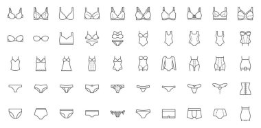 Lingerie line icon set. Bra, panties, chemise, swimwear, corset, maternity bra, bikini, corrective shapewear minimal vector illustrations. Simple outline signs for female underwear. Editable Stroke. clipart