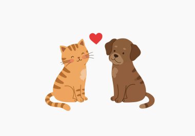 Hayvan Sevgisi Clipart. Kedi ve köpek üstlerinde bir kalple birlikte oturuyorlar. Vektör illüstrasyon tasarımı.