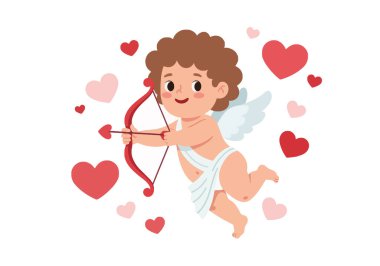 Cute Cupid Clipart. Cupid with bow and heart arrows flying with red and pink hearts. Vector illustration design. clipart