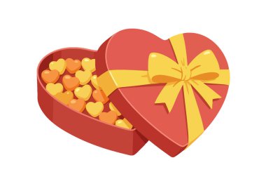 Tatlı Şeker Kutusu Clipart. Kalp şeklinde kırmızı kutu, kalp şeklinde şekerlemelerle dolu sarı kurdele. Vektör illüstrasyon tasarımı.