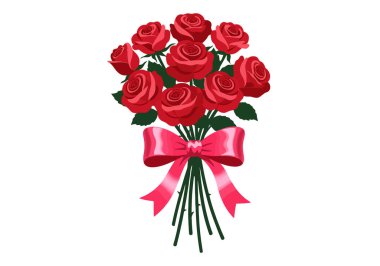 Sevgililer Günü Çiçekleri Clipart. Pembe kurdeleli yeşil yapraklı bir buket kırmızı gül. Vektör illüstrasyon tasarımı.
