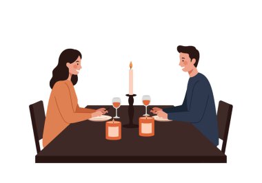 Mum Işığı Yemek Kek Sanatı. Çift, masa, mum ve yemekle romantik bir sahne. Vektör illüstrasyon tasarımı.