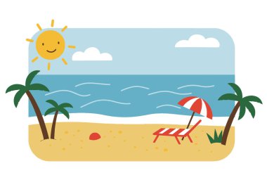 Sahil Clipart Easy. Palmiye ağaçları, sandalye ve şemsiyesi olan güneşli bir sahil. Vektör illüstrasyon tasarımı.