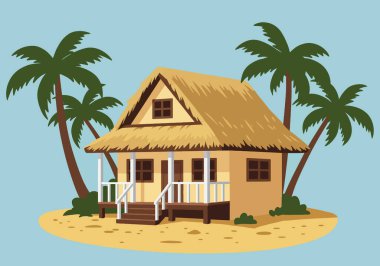 Plaj Evi Clipart Tasarımı. Sazlı çatısı ve kumlu adada palmiye ağaçları olan tropik bir kulübe. Vektör illüstrasyon tasarımı.